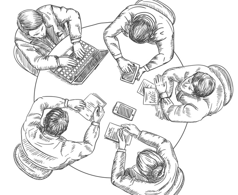 Line illustration of a team collaborating around a table with laptops and notes