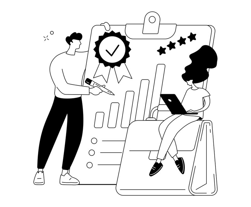 Line illustration of a certificate, ratings and a performance chart being reviewed