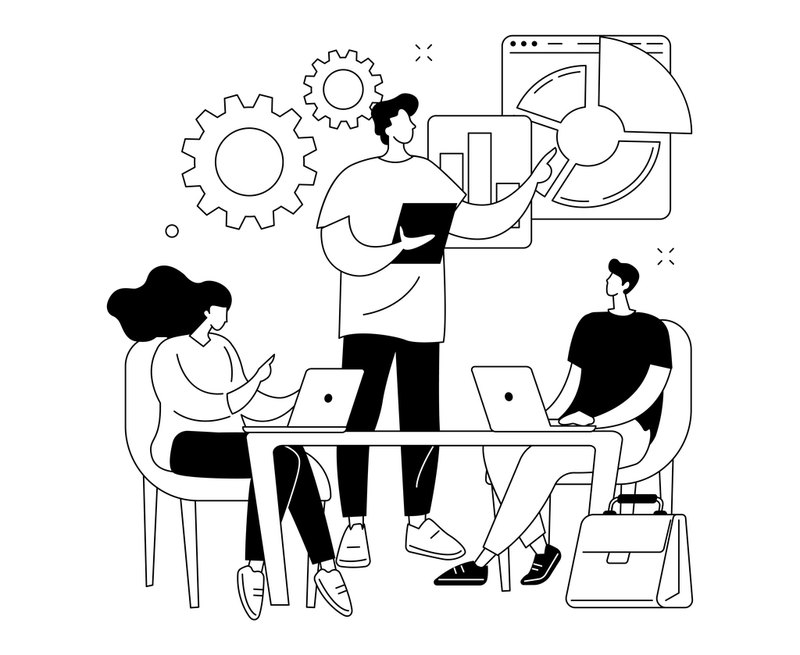 Line illustration of a team reviewing charts, dashboards and project gears